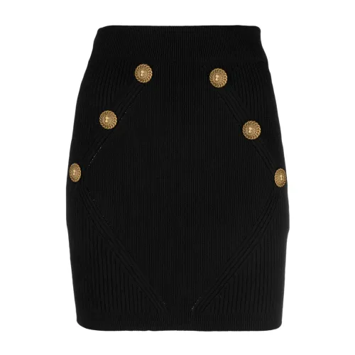 Balmain , Black Knit Miniskirt with Embossed Buttons ,Black female, Sizes: