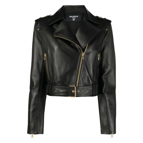Balmain , Black Leather Biker Jacket with Gold Zip ,Black female, Sizes: