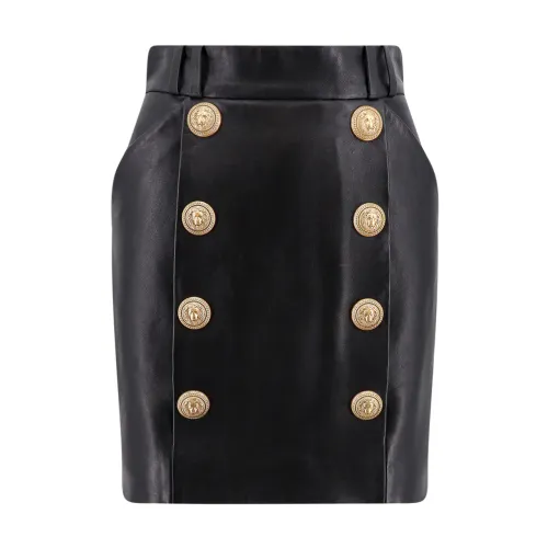 Balmain , Black Leather High Waist Skirt Aw23 ,Black female, Sizes: