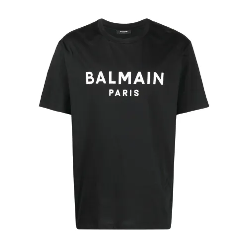 Balmain , Black Logo-Print Crew Neck T-Shirt ,Black male, Sizes: