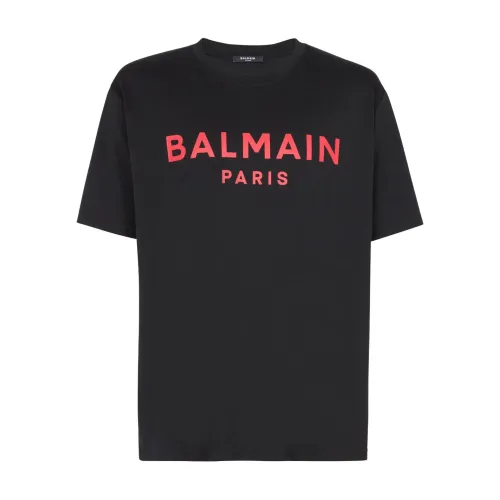 Balmain , Black Logo Print Round Neck T-shirt ,Black male, Sizes: