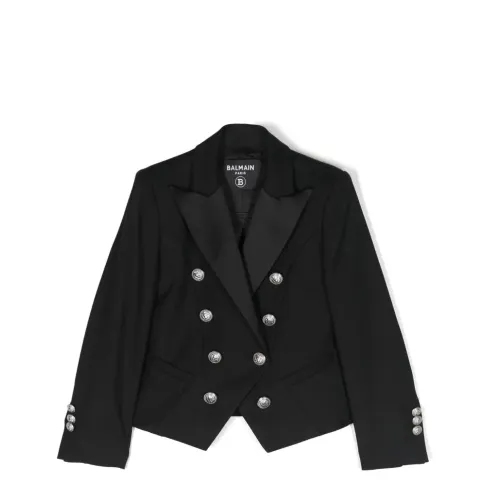 Balmain , Black Polyester Wool Jacket with Embossed Silver Buttons ,Black female, Sizes: