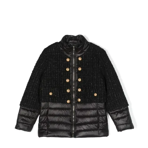 Balmain , Black Quilted Tweed Puffer Jacket ,Black female, Sizes: