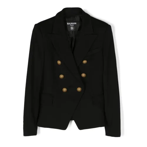 Balmain , Black Viscose Blazer with Embossed Gold Buttons ,Black female, Sizes: