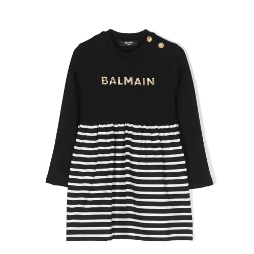 Balmain , Black Viscose Dress with Gold Logo ,Black female, Sizes: