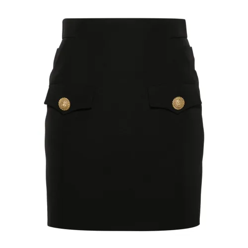 Balmain , Black Wool Crepe Skirt with Lion Head Buttons ,Black female, Sizes: