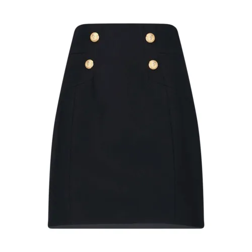 Balmain , Black Wool Midi Pencil Skirt with Gold Button Details ,Black female, Sizes: