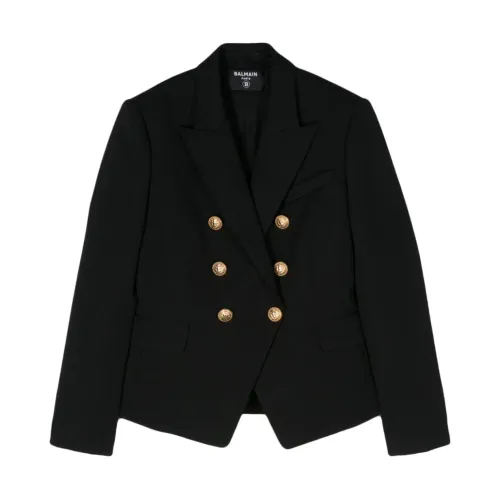 Balmain , Black Wool Twill Weave Double-Breasted Jacket ,Black female, Sizes: