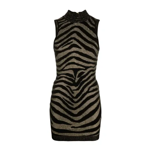 Balmain , Black Zebra-Print Knit Mini Dress ,Black female, Sizes: