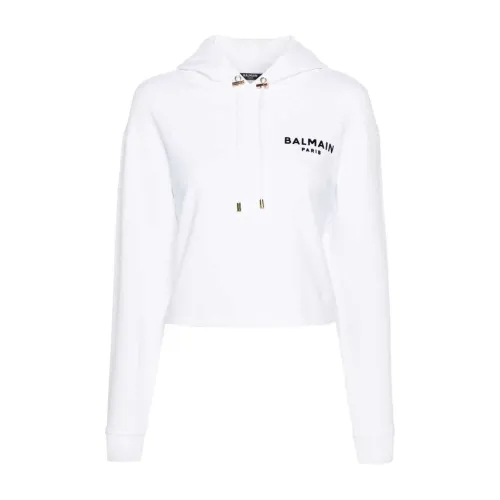 Balmain , blanc flocked-logo cropped hoodie ,White female, Sizes:
