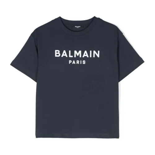 Balmain , Blue Cotton T-shirt with Logo Print ,Blue female, Sizes: