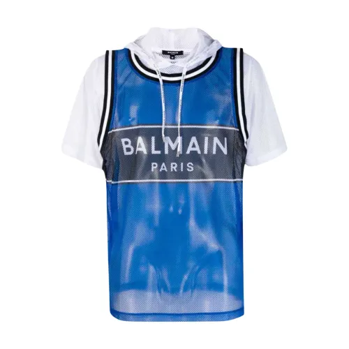Balmain , Blue Hooded Logo T-Shirt