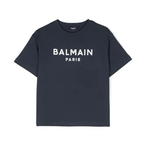 Balmain , Blue Logo Print T-shirts and Polos ,Blue male, Sizes: