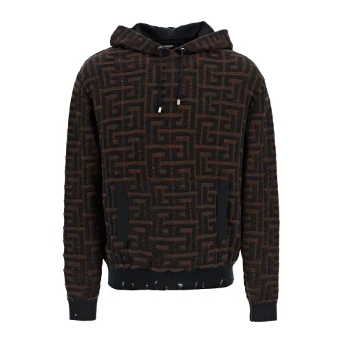 Balmain , Brown Sweatshirt with Drawstring Hood ,Brown male, Sizes: