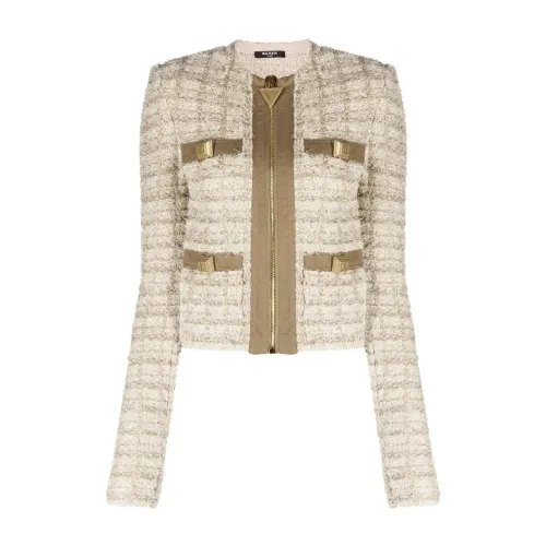 Balmain , Collarless 4 pkt zipped jacket ,Beige female, Sizes: