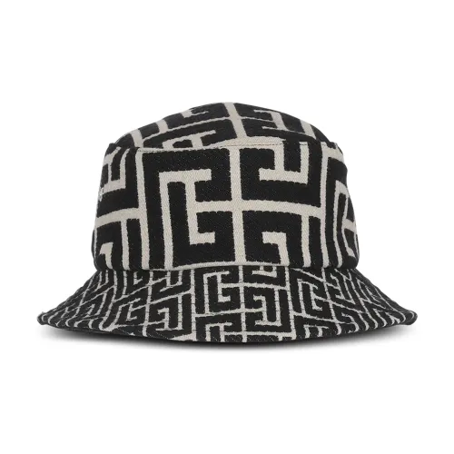 Balmain , Cotton canvas bucket hat with Paris logo ,Black male, Sizes: