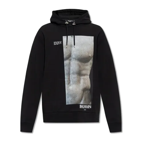 Balmain , Cotton Hoodie Sweatshirt with Logo Detail ,Black male, Sizes: