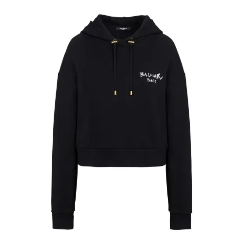 Balmain , Cropped eco-design cotton sweatshirt with flocked graffiti logo ,Black female, Sizes: