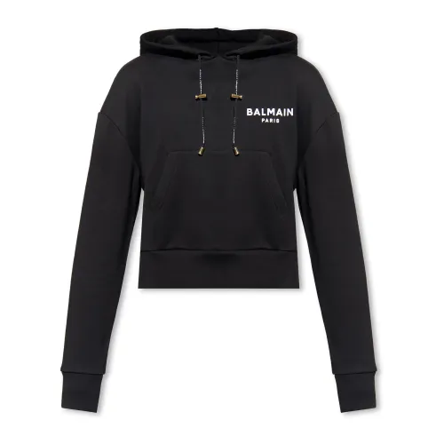 Balmain , Cropped hoodie with logo ,Black female, Sizes: