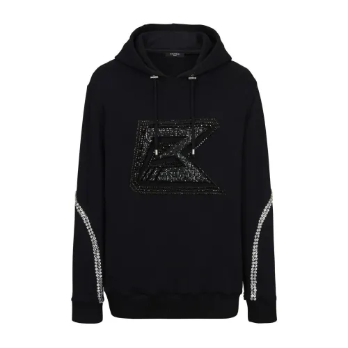 Balmain , Crystal Embroidered Hoodie with Sequin Logo ,Black male, Sizes: