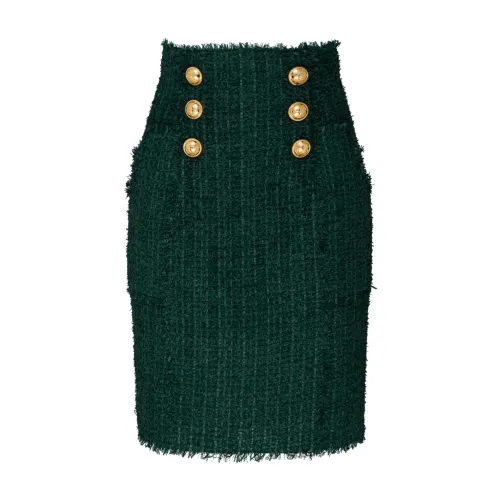 Balmain , Dark Green Tweed Pencil Skirt ,Green female, Sizes: