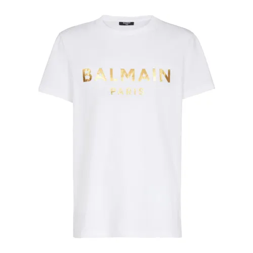Balmain , Eco-designed cotton T-shirt with Paris logo print ,White male, Sizes: