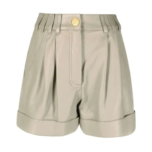 Balmain , Embossed Button Lambskin Shorts ,Green female, Sizes:
