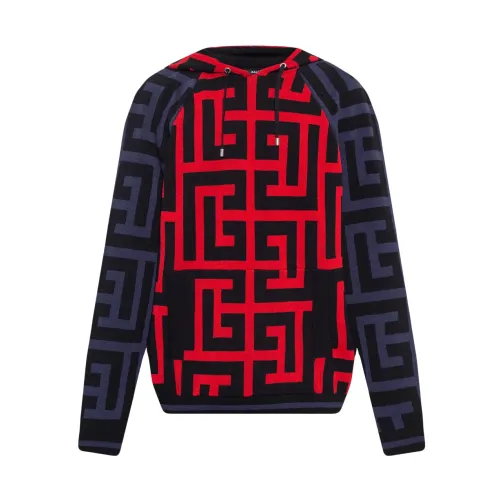 Balmain , Embroidered Monogram Hooded Sweatshirt ,Red male, Sizes: