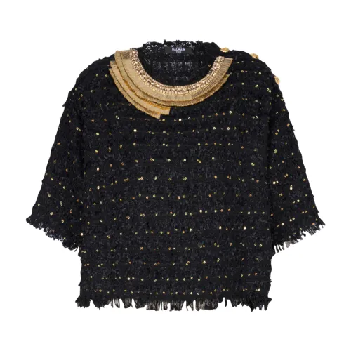 Balmain , Embroidered tweed crop top ,Black female, Sizes: