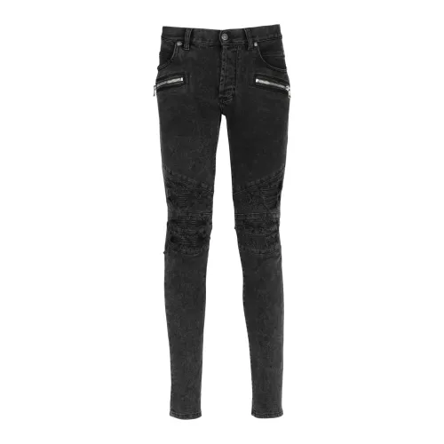 Balmain , Faded faux leather slim jeans ,Black male, Sizes: