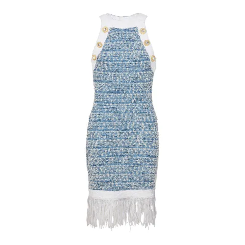 Balmain , Fringed denim tweed dress ,Blue female, Sizes: