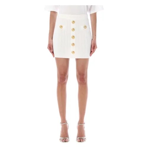Balmain , Golden Metal Button Knit Skirt ,White female, Sizes: