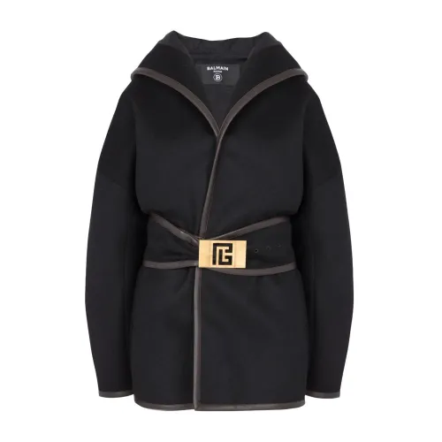 Balmain , Hooded wool belted coat ,Black female, Sizes: