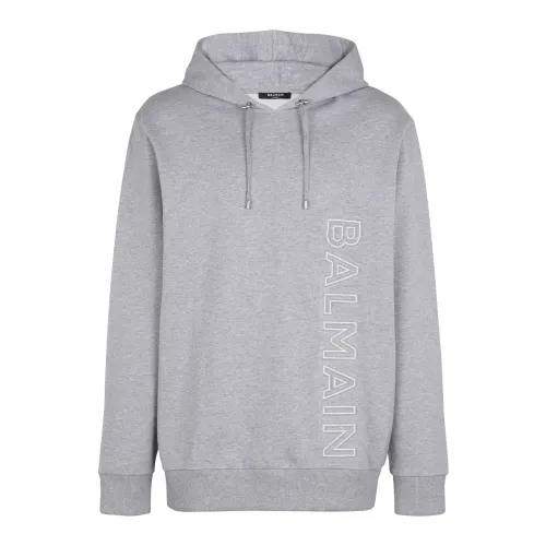 Balmain , Hoodie in cotton with reflective logo ,Gray male, Sizes: