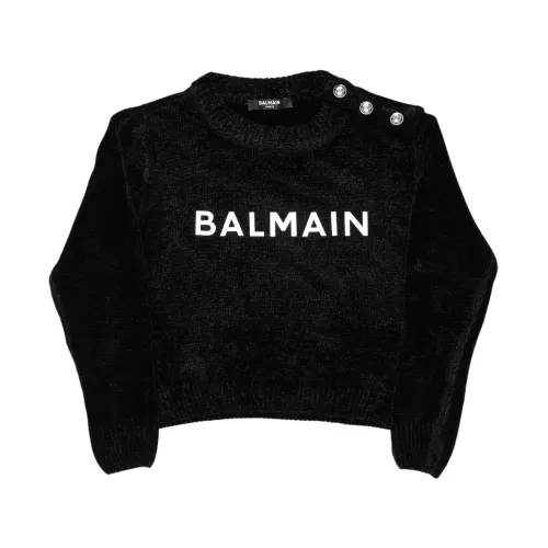 Balmain , Jersey Sweater With Embroidered Logo ,Black male, Sizes: