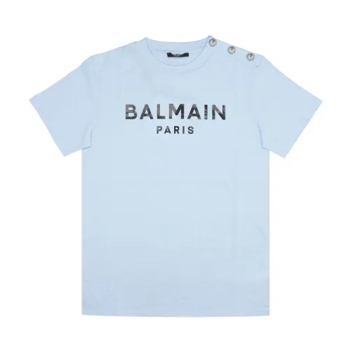 Balmain , Kids Crew-neck T-shirt with Printed Logo ,Blue male, Sizes: