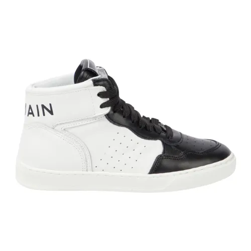 Balmain , Kids High-Top Sneakers in White/Black Leather ,White male, Sizes: