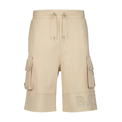 Balmain , Knee-Length Logo-Print Cotton Cargo Shorts ,Beige male, Sizes: