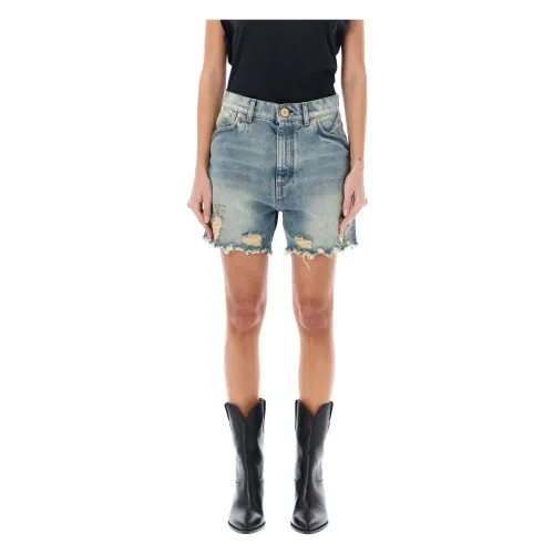 Balmain , Light Blue Denim Shorts with Western Cut-Out Detailing ,Blue female, Sizes: