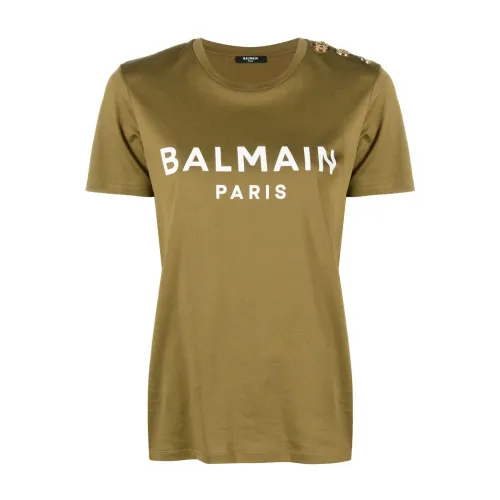Balmain , Logo-Print Cotton T-Shirt ,Green female, Sizes: