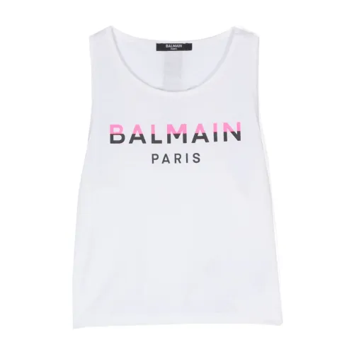Balmain , Logo Print Crew Neck Sleeveless T-shirt ,White female, Sizes: