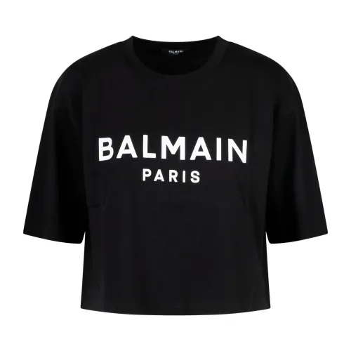Balmain , Logo Print Crop T-Shirt ,Black female, Sizes: