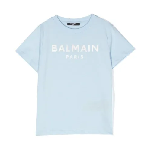 Balmain , Logo Print Sky Blue T-Shirt ,Blue female, Sizes: