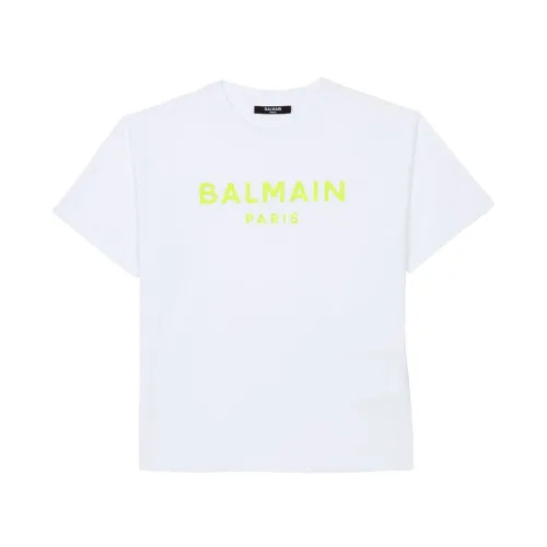 Balmain , Logo T-shirt - White with Yellow Logo ,White male, Sizes: