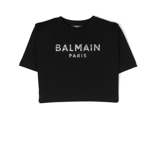 Balmain , Luxury Rhinestone Logo T-Shirt ,Black female, Sizes: