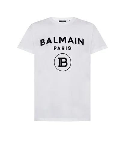 Balmain Mens White Flocked B Paris Logo T-shirt Cotton