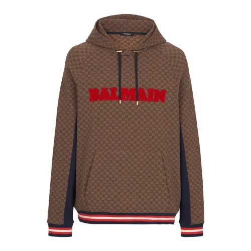 Balmain , Mini monogram jacquard hoodie ,Brown male, Sizes: