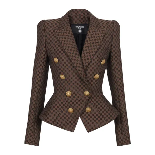 Balmain , Mini monogram jacquard jacket ,Brown female, Sizes: