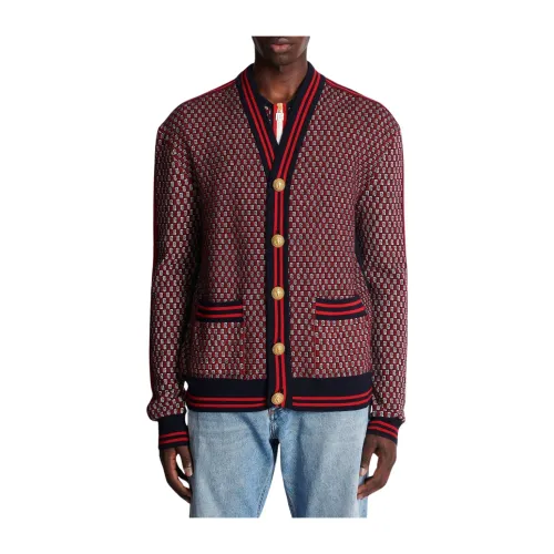 Balmain , Monogram-Print Checked Wool Cardigan ,Multicolor male, Sizes:
