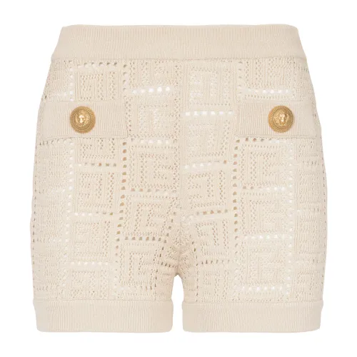 Balmain , Monogrammed openwork knit mini shorts ,Beige female, Sizes: